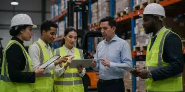 Logistics professionals discussing 3PL partnership strategies in a modern warehouse.