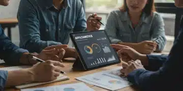 Professionals analyzing affiliate marketing data on a tablet, symbolizing strategic program setup.