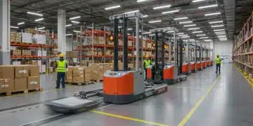 Automated warehouse with robots and human workers maintaining efficiency