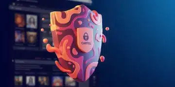 Digital shield protecting an online art gallery with Big Cartel branding, symbolizing advanced security features for artists.