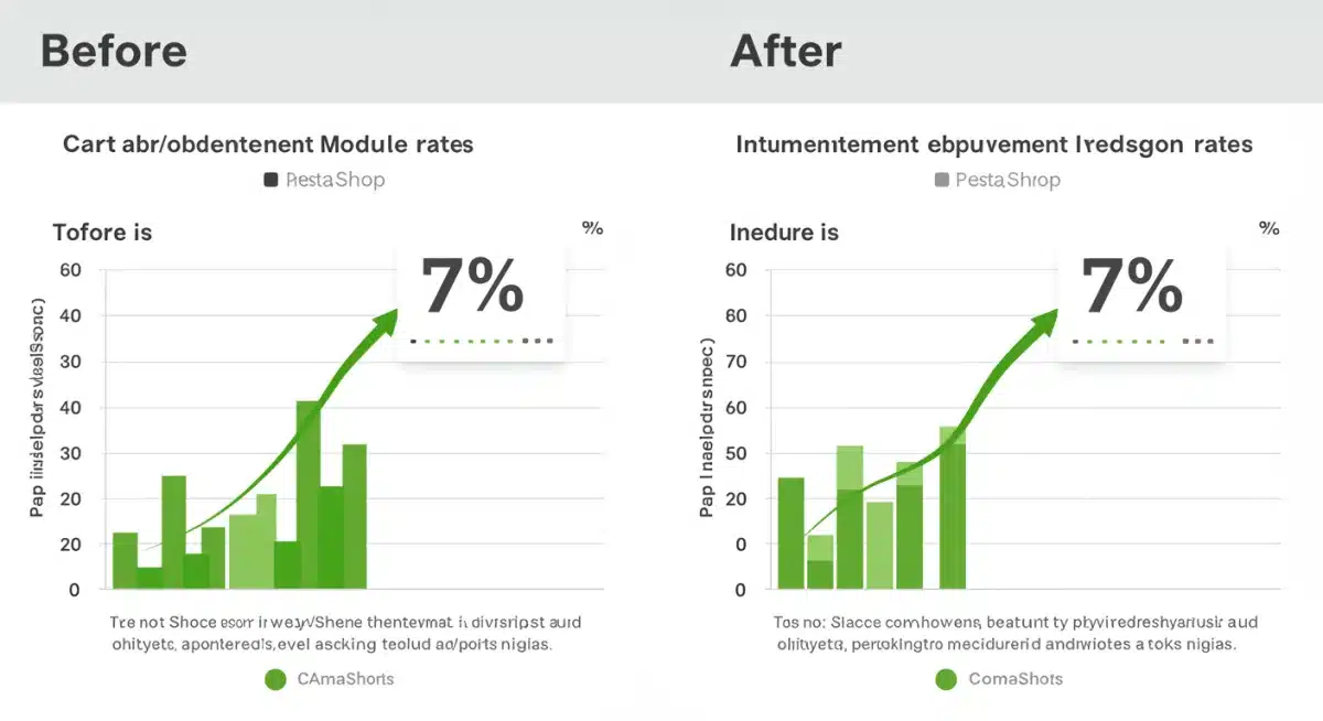 Infographic showing a 7% reduction in cart abandonment after PrestaShop module updates.