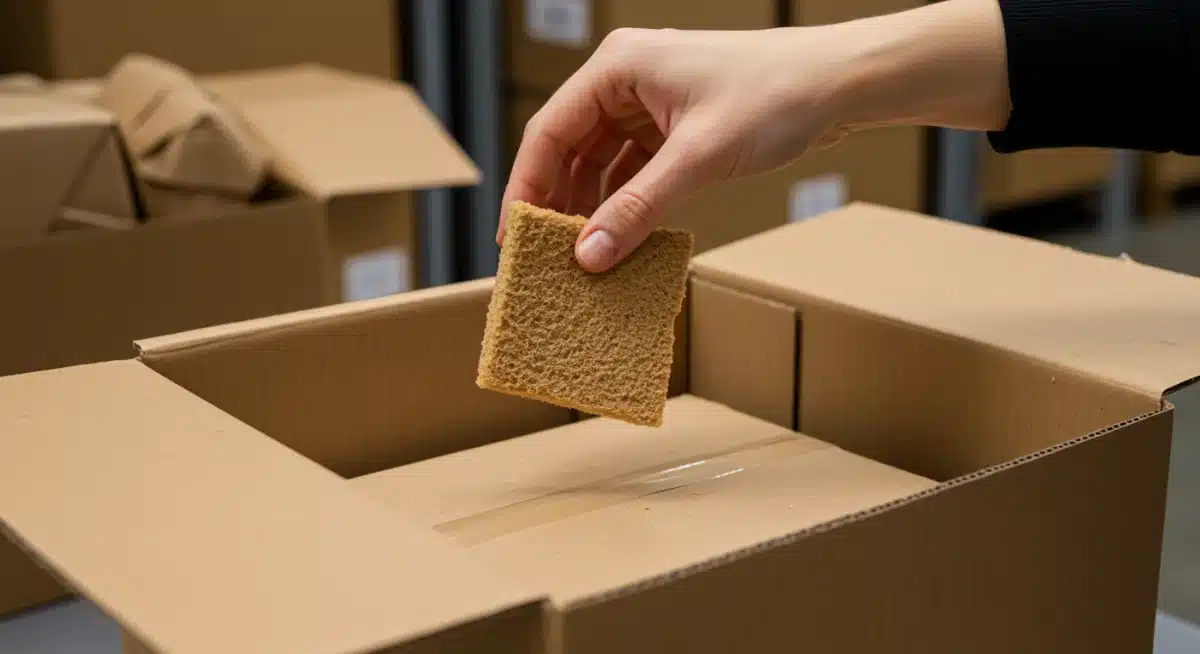 Hand placing compostable void fill into a sustainable shipping box
