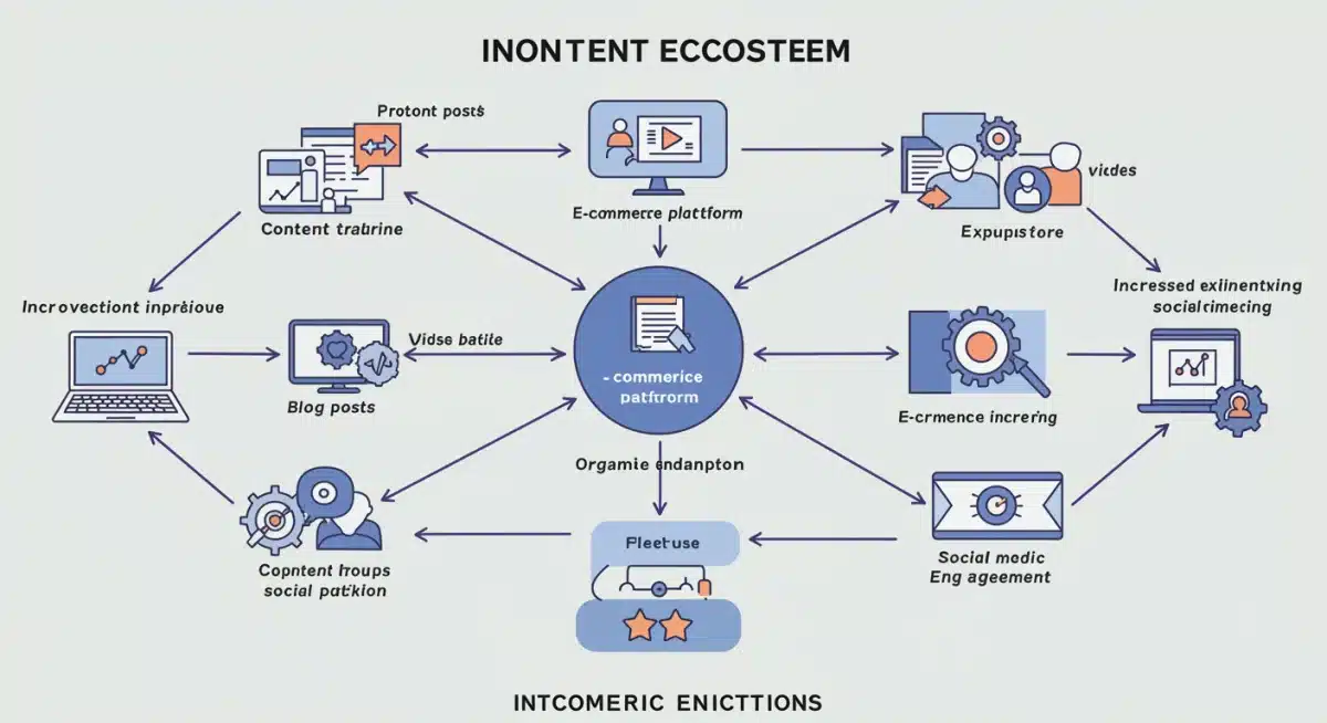 Interconnected content marketing ecosystem driving e-commerce organic traffic.