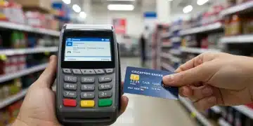 Credit card payment terminal showing transaction with cost savings for businesses