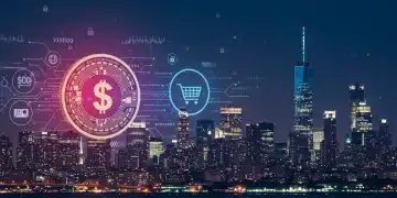 Cryptocurrency coin integrated with shopping cart, symbolizing crypto payments in US e-commerce.