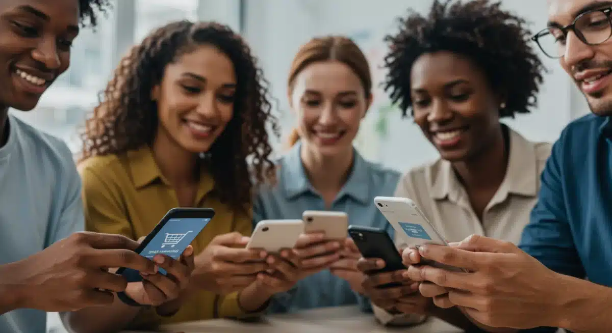 Diverse group of people engaging with e-commerce SMS marketing on their smartphones.