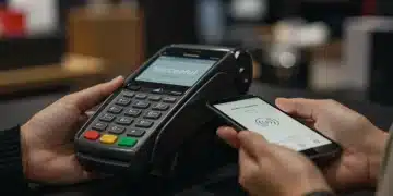 Customer making a tap-to-pay transaction with a smartphone at a retail store checkout