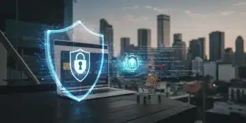 Digital shield protecting online payments, representing 2025 payment gateway security features for US e-commerce.