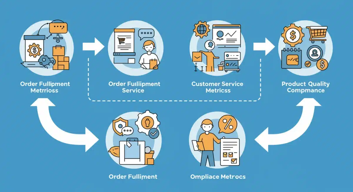 Infographic showing four steps to boost Walmart seller performance: fulfillment, service, quality, compliance