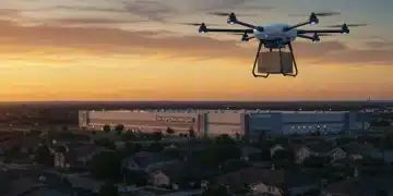 Futuristic drone delivering package over a US suburban neighborhood at sunset