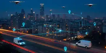 Optimizing Last-Mile Delivery in 2025: Reduce Delays by 25% Futuristic urban delivery network with drones and electric vans, symbolizing optimized last-mile logistics.