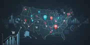 Geofencing marketing map of the US with e-commerce growth icons