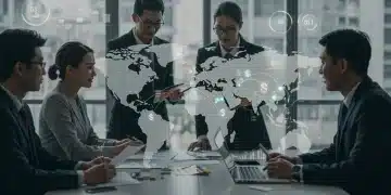 Business team analyzing global payment data on a digital screen, focusing on cost reduction strategies for international transactions.