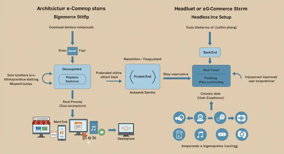Architectural diagram of BigCommerce headless commerce with decoupled front-end and back-end