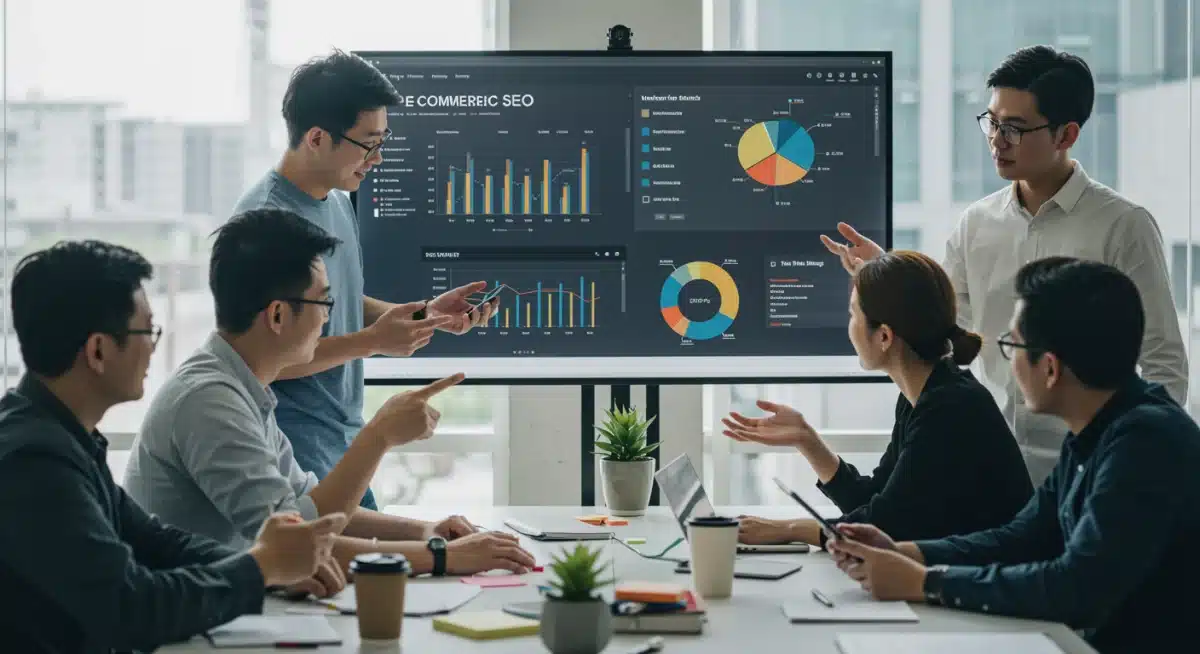 Marketing team analyzing keyword research data for e-commerce SEO