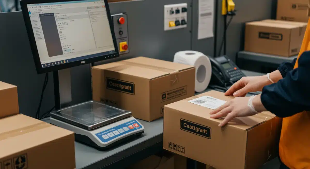 Warehouse worker meticulously packing an order with scanning technology