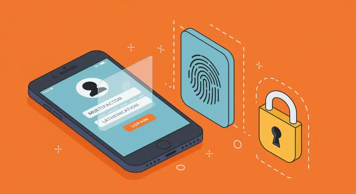 Multi-factor authentication graphic with smartphone, fingerprint, and lock icon for enhanced account security.