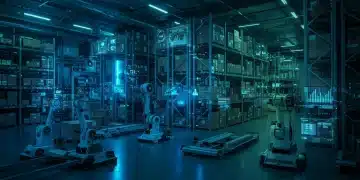 Modern warehouse with automated inventory systems and real-time data display