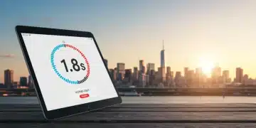 Futuristic e-commerce interface with sub-2 second load time on a tablet, US city backdrop