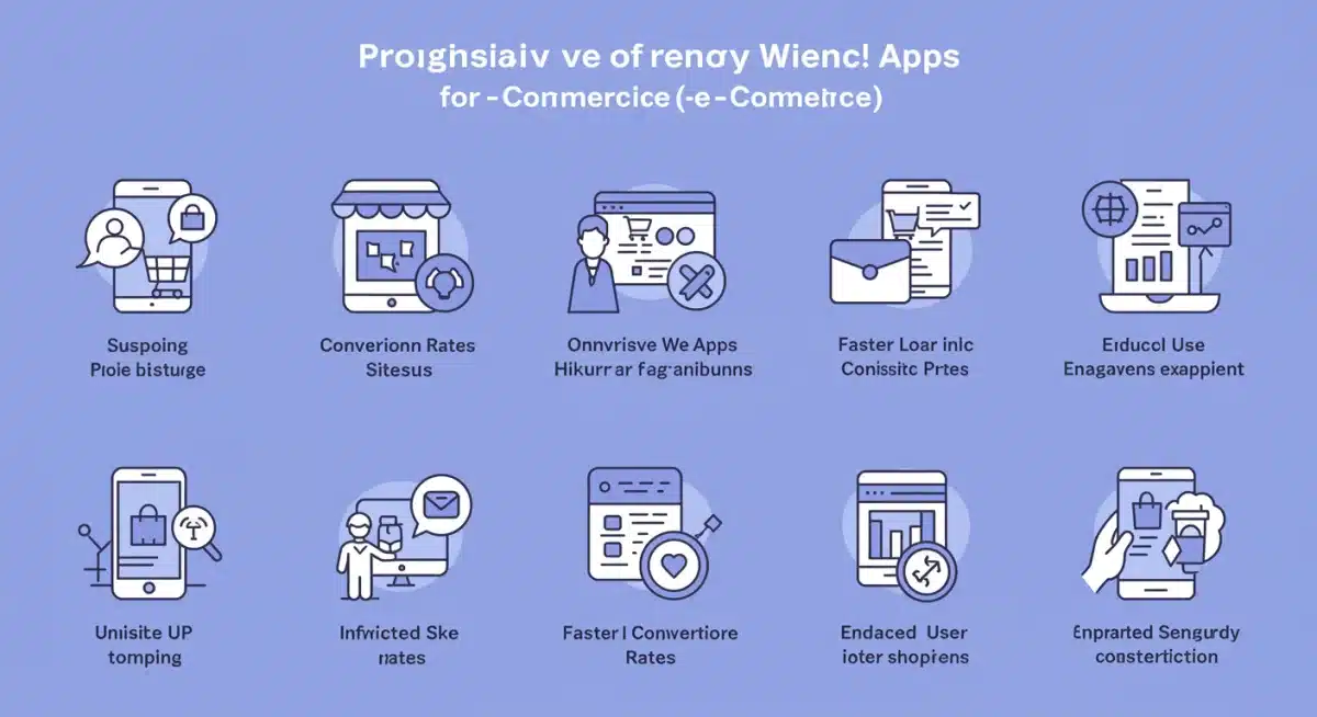 Infographic detailing PWA benefits like faster loading, better conversions, and increased user engagement for e-commerce success.
