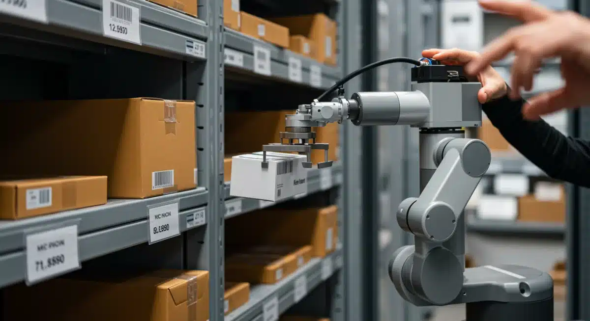 Robotic arm precisely picking items in a small business warehouse