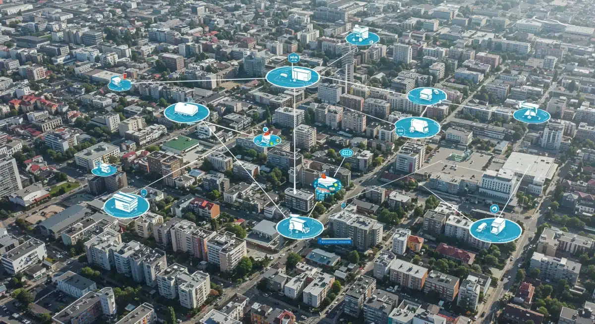 Urban map showing strategic placement of micro-fulfillment centers for optimized delivery routes