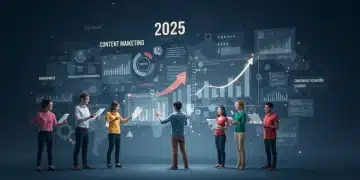 US e-commerce team strategizing content marketing for 2025, analyzing data and growth projections.