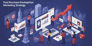 Post-purchase marketing strategy in the US leading to a 25% increase in customer lifetime value by 2025, showing happy customers and growth charts.