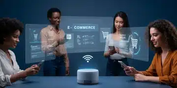 People interacting with voice assistants for online shopping, illustrating voice search e-commerce.