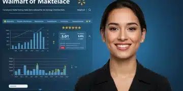 Walmart Marketplace seller dashboard with 5-star rating and positive performance metrics