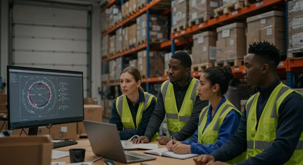 Warehouse staff participating in a training session on new technologies
