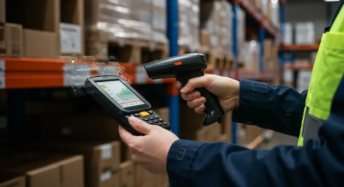 Warehouse worker performing inventory audit with a handheld scanner